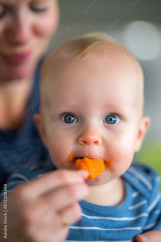 A mother gently spoons vibrant orange pureed carrots into her babys mouth, ensuring a nutritious start to their feeding journey A mother gently spoons vibrant orange pureed carrots into her babys mouth, ensuring a nutritious start to their feeding journey