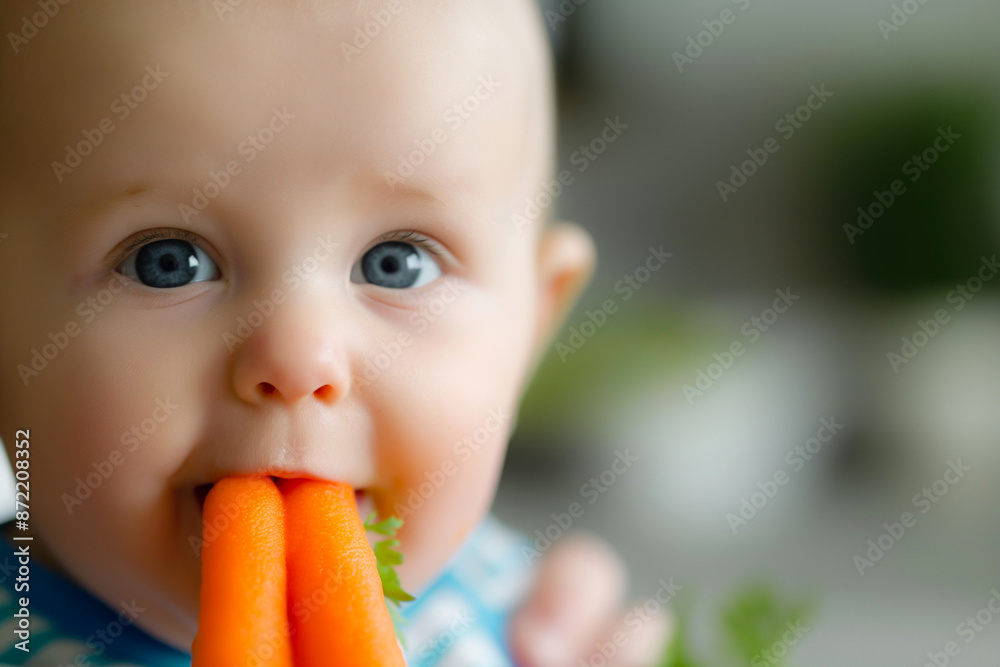 A mother gently spoons vibrant orange pureed carrots into her babys mouth, ensuring a nutritious start to their feeding journey A mother gently spoons vibrant orange pureed carrots into her babys mouth, ensuring a nutritious start to their feeding journey