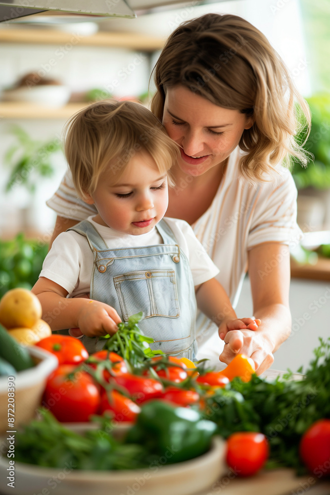 A mother lovingly prepares a delicious organic baby meal, using fresh ingredients grown in her own backyard garden A mother lovingly prepares a delicious organic baby meal, using fresh ingredients grown in her own backyard garden