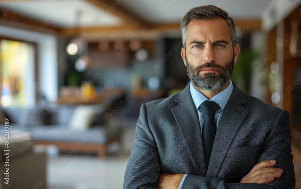 A successful Indian businessman stands in a modern office with his arms crossed, exuding confidence and professionalism A successful Indian businessman stands in a modern office with his arms crossed, exuding confidence and professionalism