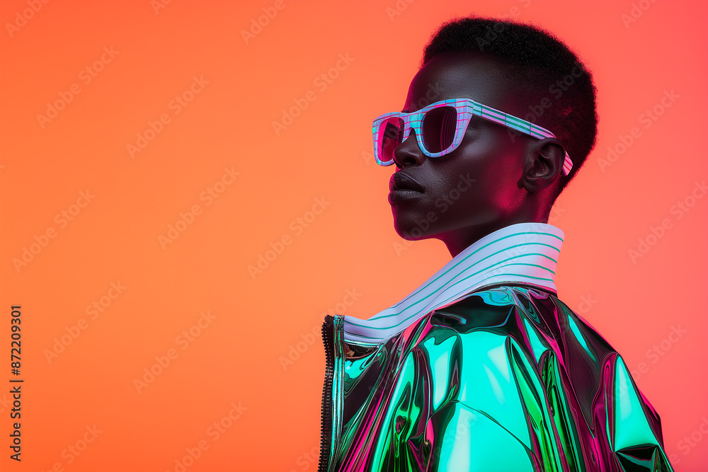 Androgynous model in reflective geometric attire, isolated on a neon gradient background Androgynous model in reflective geometric attire, isolated on a neon gradient background