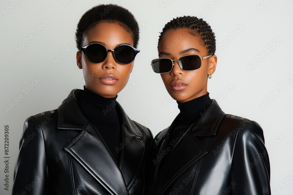 Androgynous models in monochrome metallic fashion, futuristic background with empty space for text 