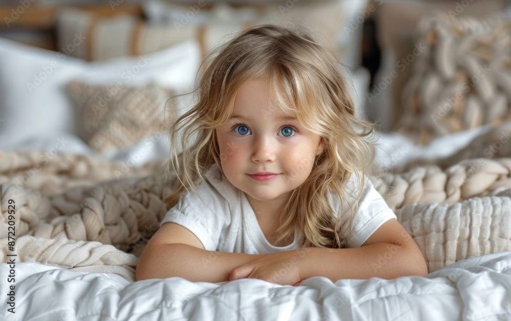 A young girl of Slavic descent lies on her stomach on a bed. She has long blonde hair and blue eyes. She is wearing a white t-shirt A young girl of Slavic descent lies on her stomach on a bed. She has long blonde hair and blue eyes. She is wearing a white t-shirt
