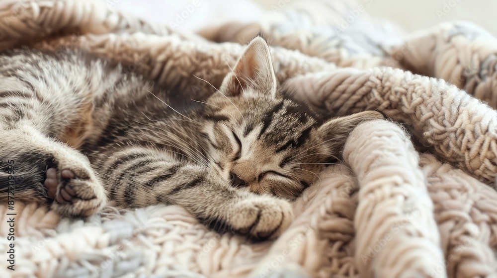 Adorable Sleeping Kitten Curled Up on Plush Throw Blanket in Cozy Living Room Adorable Sleeping Kitten Curled Up on Plush Throw Blanket in Cozy Living Room