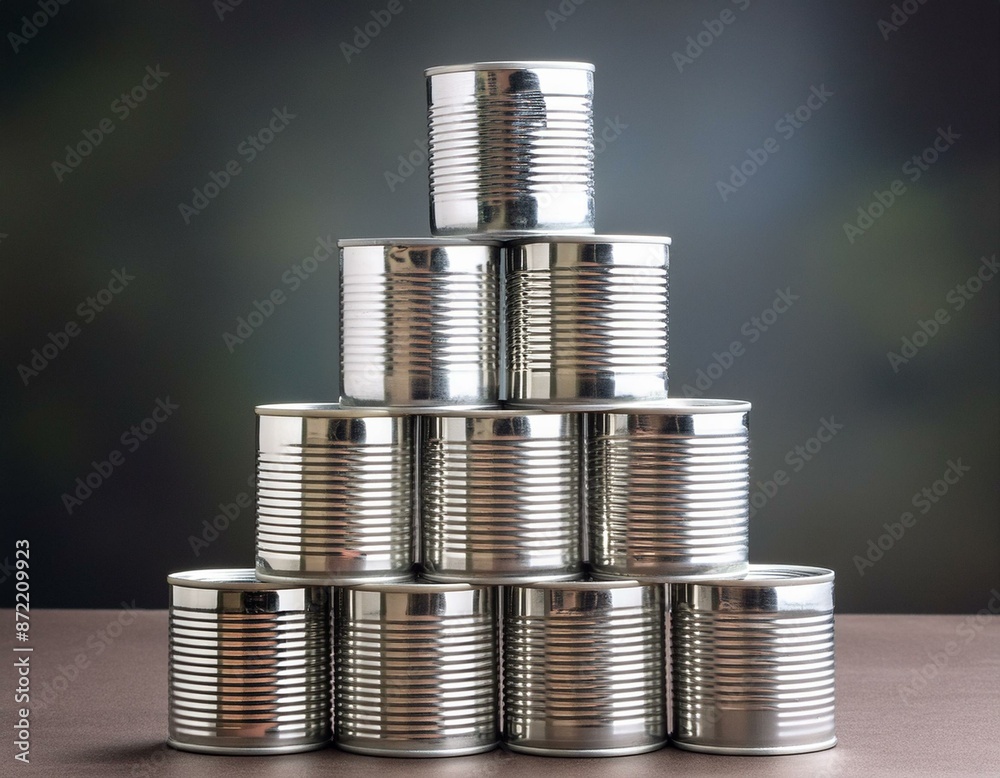 stack of food cans in plain silver