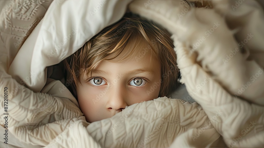 Whimsical Peekaboo Cozy Boy Peeking from Beneath a Soft Blanket in Dreamy Romantic Style Whimsical Peekaboo Cozy Boy Peeking from Beneath a Soft Blanket in Dreamy Romantic Style