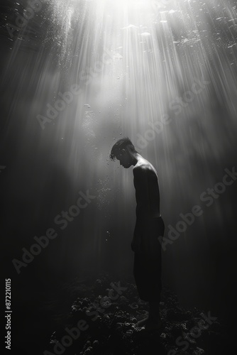 Solitary Figure Underwater in Black and White