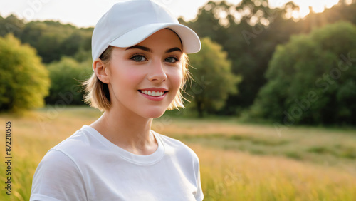 Young woman with short hair wearing white t-shirt and white baseball cap standing in nature © QuoDesign