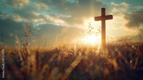 A wooden cross stands tall in a field of tall grass illuminated by the warm glow of the setting sun