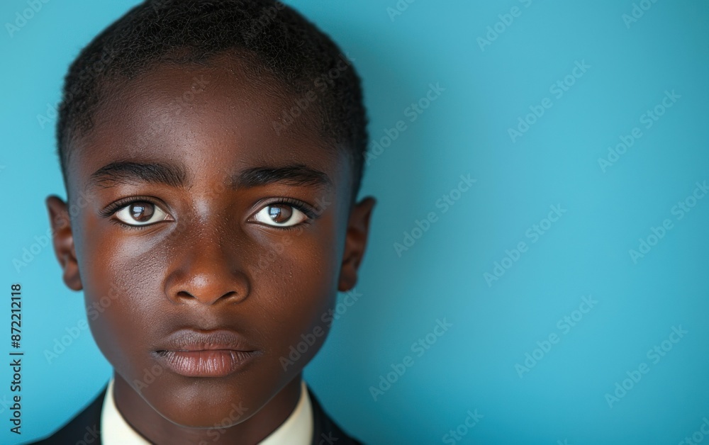 A young Black bigender teenager with short black hair looks directly at the camera A young Black bigender teenager with short black hair looks directly at the camera