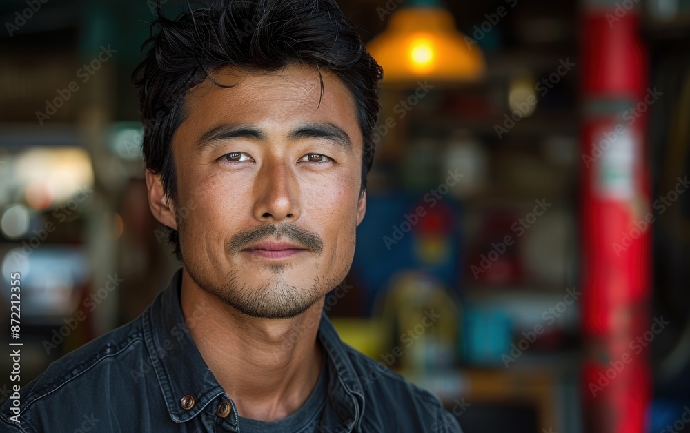 Obraz premium A young adult person of Central Asian descent looks directly at the camera. They have dark hair and brown eyes, and are wearing a dark denim jacket