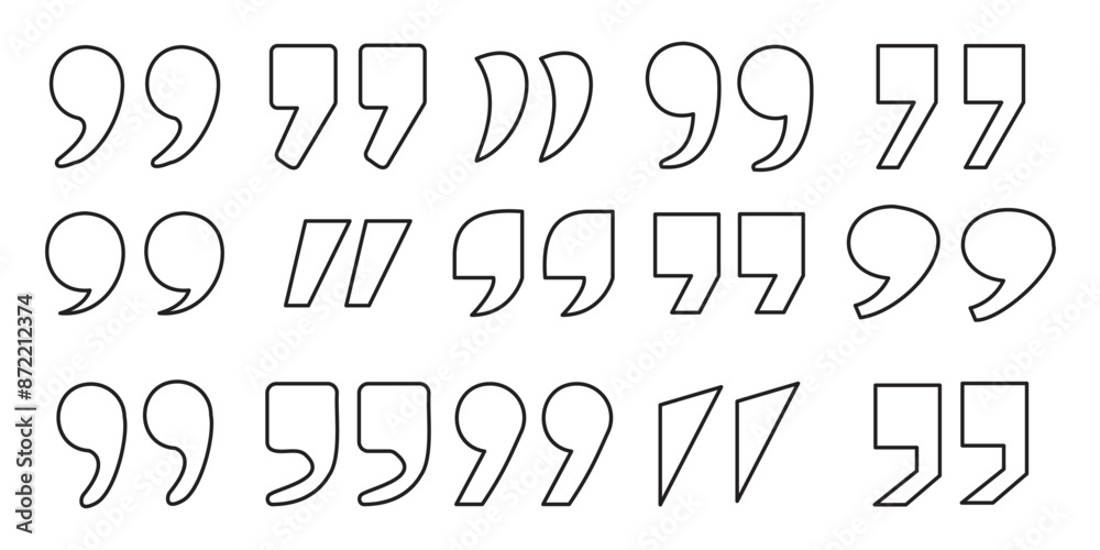 Set of quote outline mark. Quotes icon vector set. for conversation or definition. Quote speech symbol vector illustration. Talk bubble speech icon Set of quote outline mark. Quotes icon vector set. for conversation or definition. Quote speech symbol vector illustration. Talk bubble speech icon