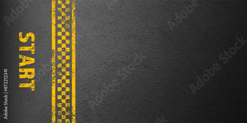 Asphalt road with yellow start line marking, concrete highway surface, texture. Street traffic lane, road dividing strip. Pattern with grainy structure, grunge stone background. Vector illustration