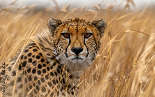 A cheetah with a serious expression stands amidst tall grass in a grassland habitat. Its spotted fur blends with the golden hues of the surrounding vegetation