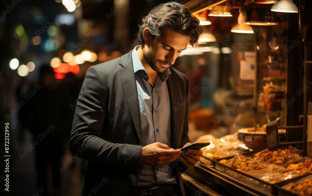 A man in a suit, likely a convenience store owner, checks his phone while standing near a display of food items A man in a suit, likely a convenience store owner, checks his phone while standing near a display of food items