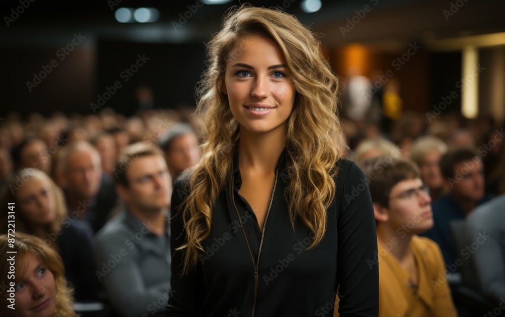 A confident businesswoman with long, blonde hair addresses a large audience during a presentation A confident businesswoman with long, blonde hair addresses a large audience during a presentation