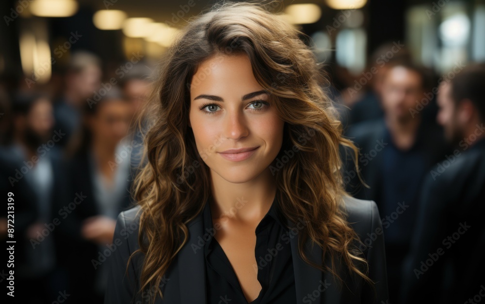 A young Caucasian woman wearing a business suit smiles confidently at the camera. She is surrounded by blurry figures in the background A young Caucasian woman wearing a business suit smiles confidently at the camera. She is surrounded by blurry figures in the background