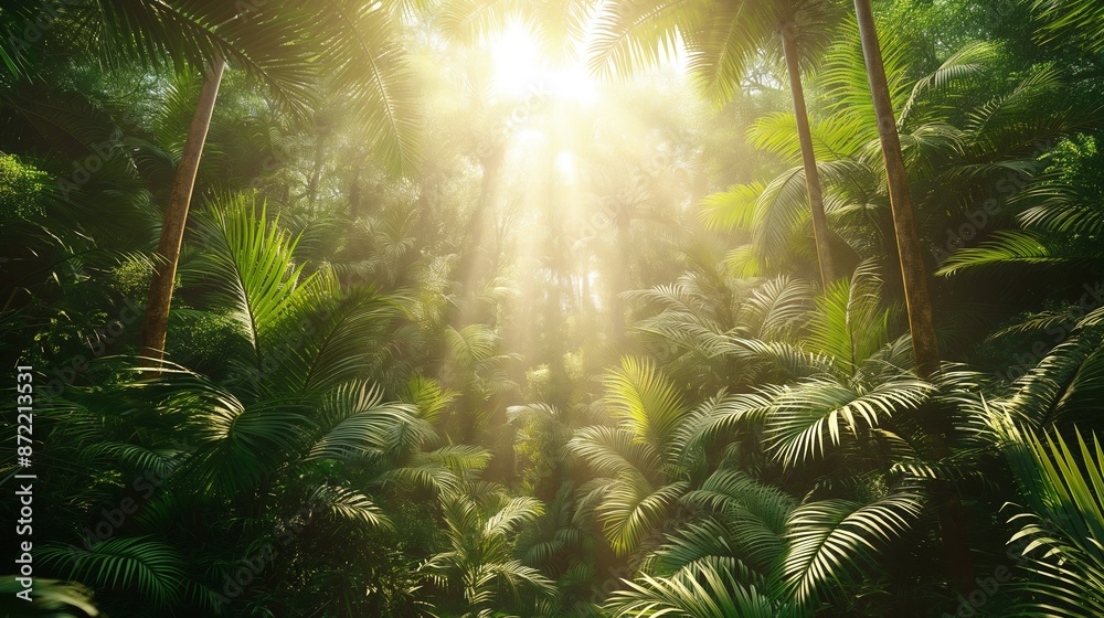 Sunlight pierces the lush canopy of a vibrant tropical jungle, illuminating the rich greens and intricate details of the foliage. Sunlight pierces the lush canopy of a vibrant tropical jungle, illuminating the rich greens and intricate details of the foliage.