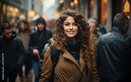 A woman with long, curly brown hair walks through a busy city street. She is wearing a brown jacket and a black scarf