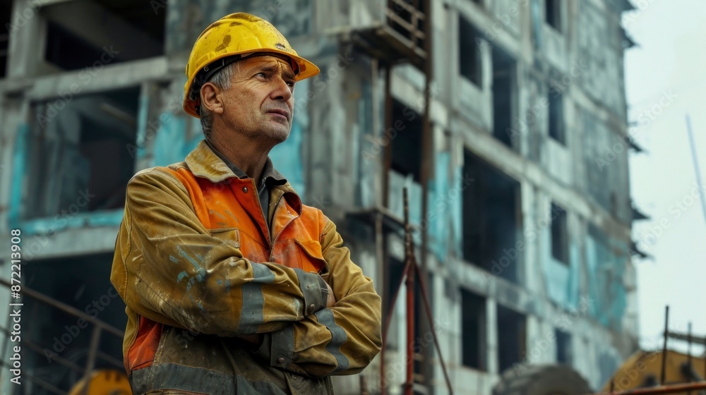 man with worker helmet on a construction site with his arms crossed quite dirty man with worker helmet on a construction site with his arms crossed quite dirty