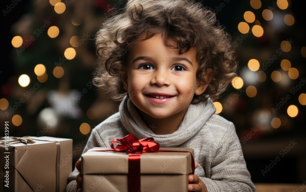 A toddler boy with curly hair smiles at the camera while holding a wrapped Christmas gift. He is sitting in front of a decorated Christmas tree with blurred lights A toddler boy with curly hair smiles at the camera while holding a wrapped Christmas gift. He is sitting in front of a decorated Christmas tree with blurred lights