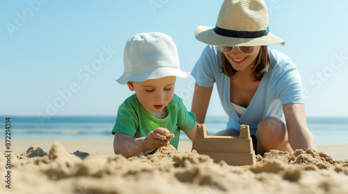 Mother with sunhat and toddler building sandcastle, joyous connection under clear blue sky 