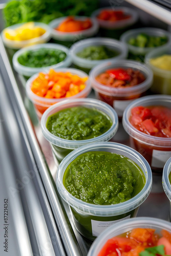 Neatly organized and labeled containers of homemade baby food sit in a refrigerator, ready to nourish growing little ones 