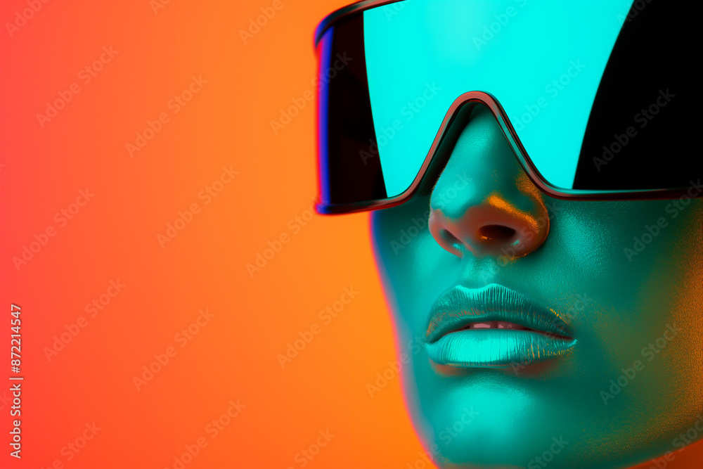 Piercing gaze of a futuristic model in metallic wear, isolated on a gradient background Piercing gaze of a futuristic model in metallic wear, isolated on a gradient background