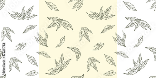 Green tea leaves hand drawn seamless pattern. Vector illustration. Seamless pattern of plant leaves for print and design.