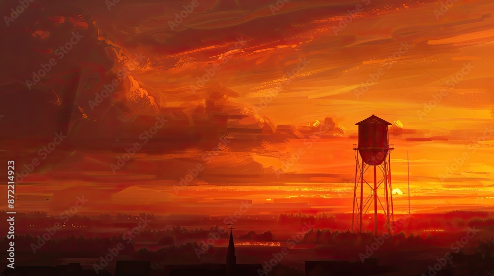 Water tower sunrise. Generative AI Water tower sunrise. Generative AI