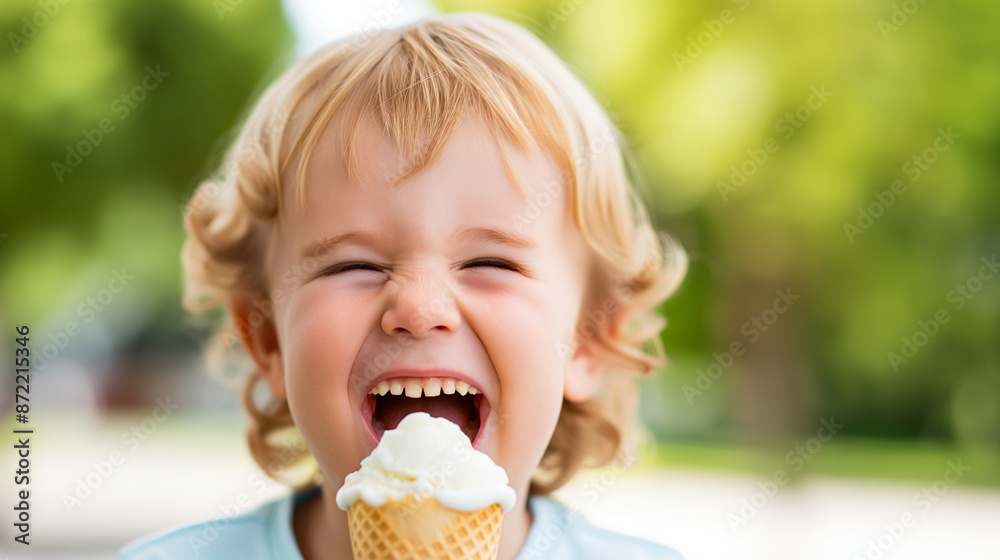Sun-kissed child laughing with ice cream cone, teeth missing, joy pure Sun-kissed child laughing with ice cream cone, teeth missing, joy pure