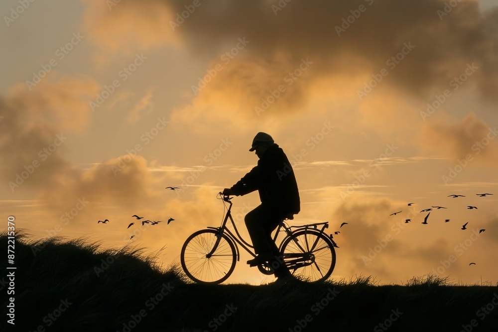 Obraz premium Silhouette of a Cyclist Riding a Bicycle at Sunset