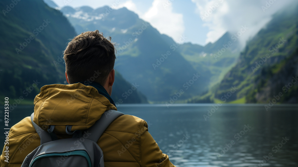 Traveler gazing at tranquil mountain lake, embracing slow living in serene, natural hues and realistic style Traveler gazing at tranquil mountain lake, embracing slow living in serene, natural hues and realistic style