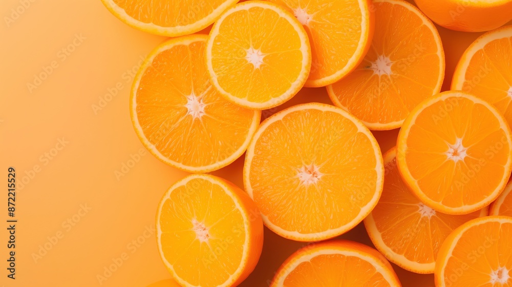 A close up of many orange slices on a bright yellow background with copy space. A close up of many orange slices on a bright yellow background with copy space.