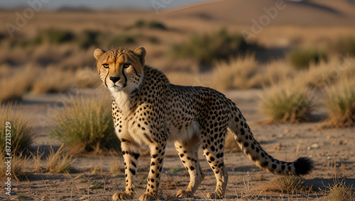 Side View Of Cheetah Walking On Field, Ilembula, Tanzania., Generative AI

