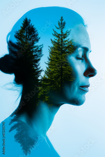 Vivid, surreal forest blending into a womans sleeping silhouette 