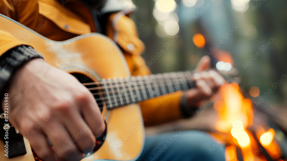 Obraz premium Young man with tangled hair playing guitar by campfire, genuine retreat moment