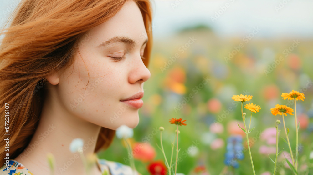 Young woman with wind-swept hair admiring vibrant wildflowers in hand, nature appreciation captured Young woman with wind-swept hair admiring vibrant wildflowers in hand, nature appreciation captured