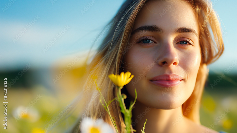 Young woman with wind-swept hair admiring vibrant wildflowers in hand, nature appreciation captured Young woman with wind-swept hair admiring vibrant wildflowers in hand, nature appreciation captured