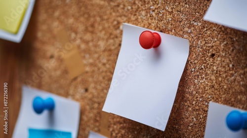 The image shows a close-up view of a corkboard with a blank white paper pinned onto it using a red pushpin, highlighting concepts of reminders and organization. photo