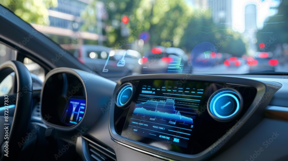 Close-up of car dashboard displaying navigation data and car info on digital display. Blue glow illuminates display as car drives through city. Close-up of car dashboard displaying navigation data and car info on digital display. Blue glow illuminates display as car drives through city.