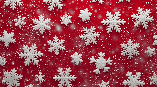 A vibrant red background scattered with white 3D snowflakes creates a festive and joyful Christmas pattern.