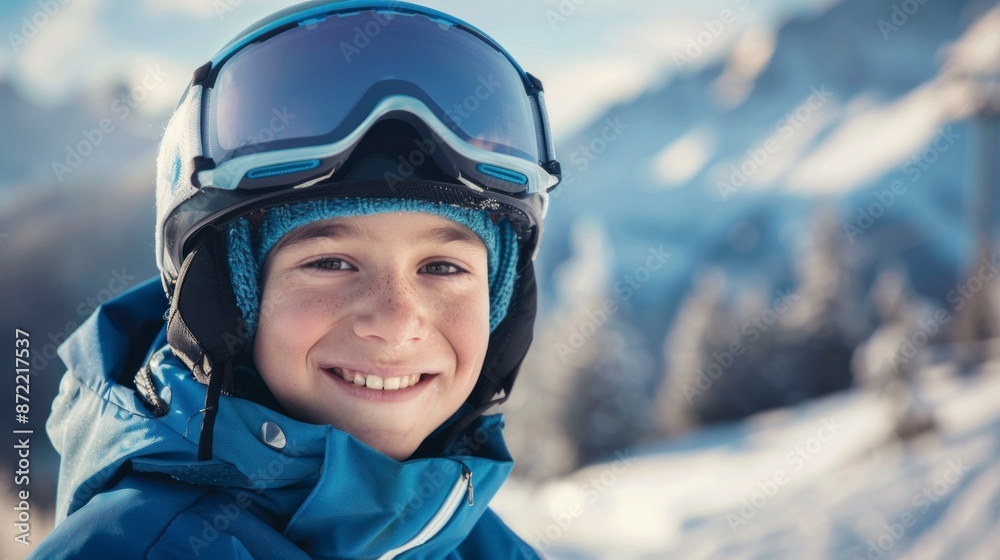 boy in a ski suit smiling at the camera on a snowy mountain boy in a ski suit smiling at the camera on a snowy mountain