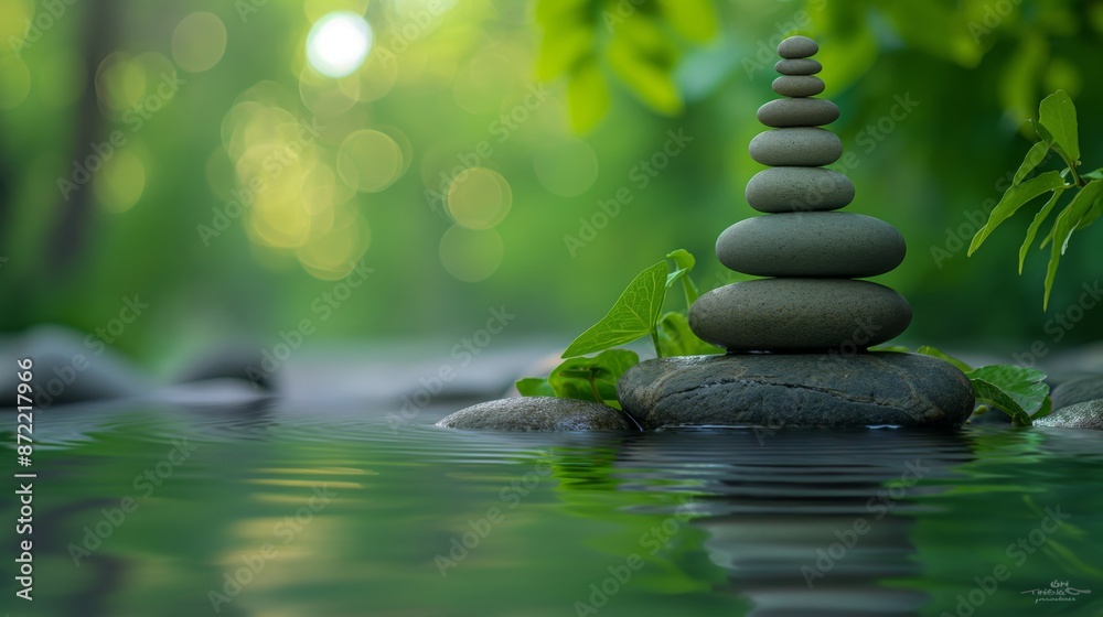 A stack of smooth stones balances gracefully on a riverbed, surrounded by lush green foliage and serene reflections in the water. A stack of smooth stones balances gracefully on a riverbed, surrounded by lush green foliage and serene reflections in the water.