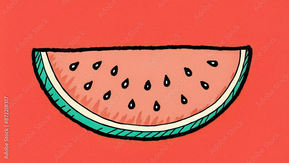Refreshing Hand-Drawn Watermelon Slice, Modern Minimalist Summer Delight on Pastel Red Background Refreshing Hand-Drawn Watermelon Slice, Modern Minimalist Summer Delight on Pastel Red Background