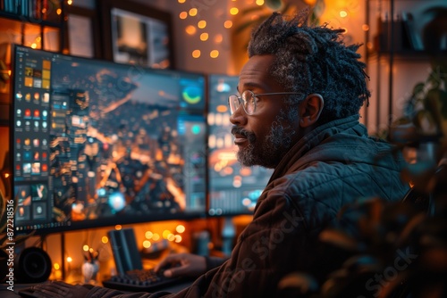 Man With Dreadlocks Uses Computer With Multiple Screens in a Home Office