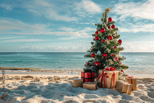 Fototapeta Naklejka Na Ścianę i Meble -  A Christmas tree is on a beach with a blue sky in the background, generative ai image.