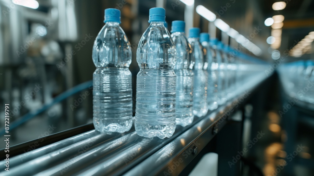 A precision-engineered conveyor belt efficiently transports rows of clear, filled water bottles through a modern factory setting. A precision-engineered conveyor belt efficiently transports rows of clear, filled water bottles through a modern factory setting.