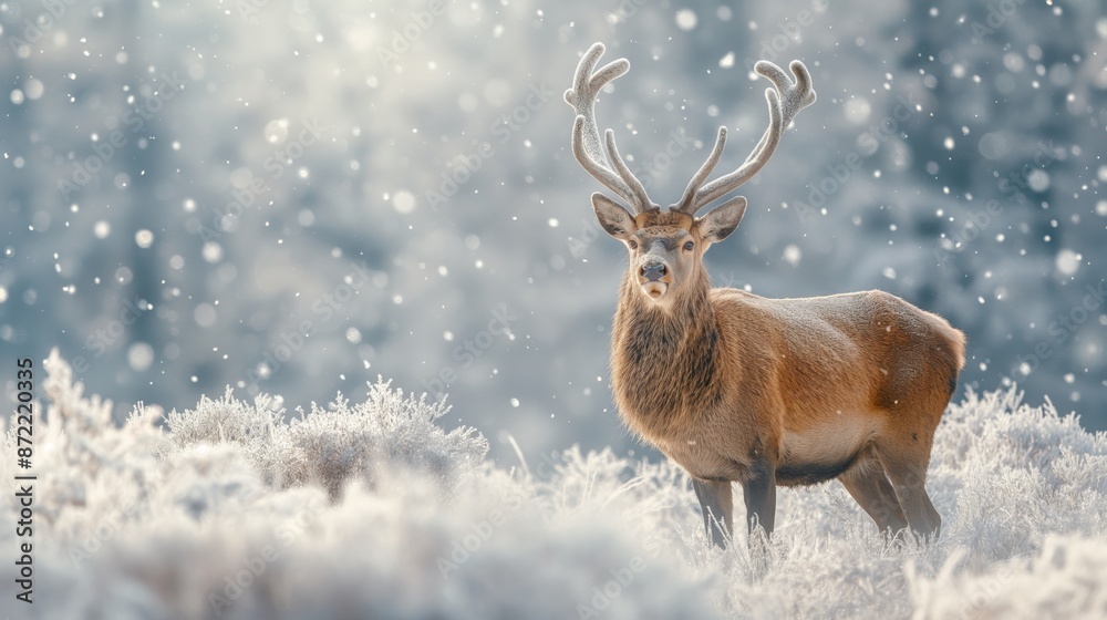 A majestic deer with impressive antlers stands amidst a snowy landscape, bathed in a soft winter light