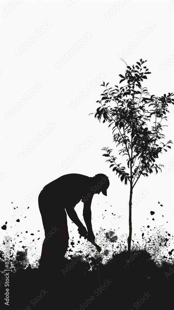 Silhouette of a Gardener Planting a Tree with Soil Splashing in Black and White Silhouette of a Gardener Planting a Tree with Soil Splashing in Black and White